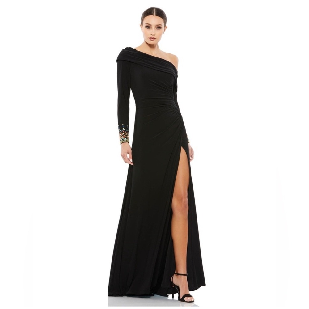 NWT Mac Duggal 12527 Beaded Cuff Off Shoulder Gown Black Sz 8 $398‎